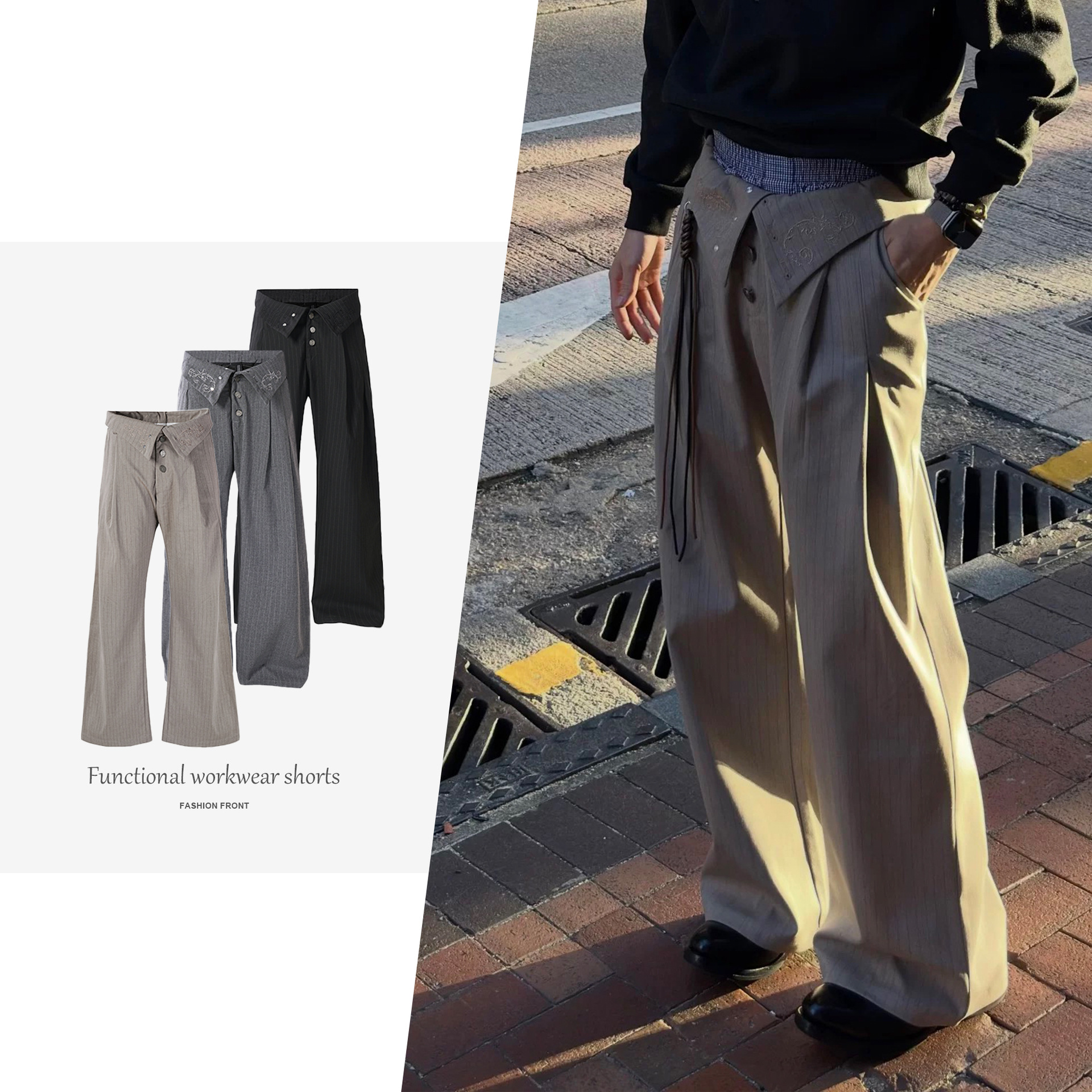 Hypeyourself TK "Prelude" Zen Pleated Embroidered Flared High-Waisted Striped Kendo Zanshin Trousers