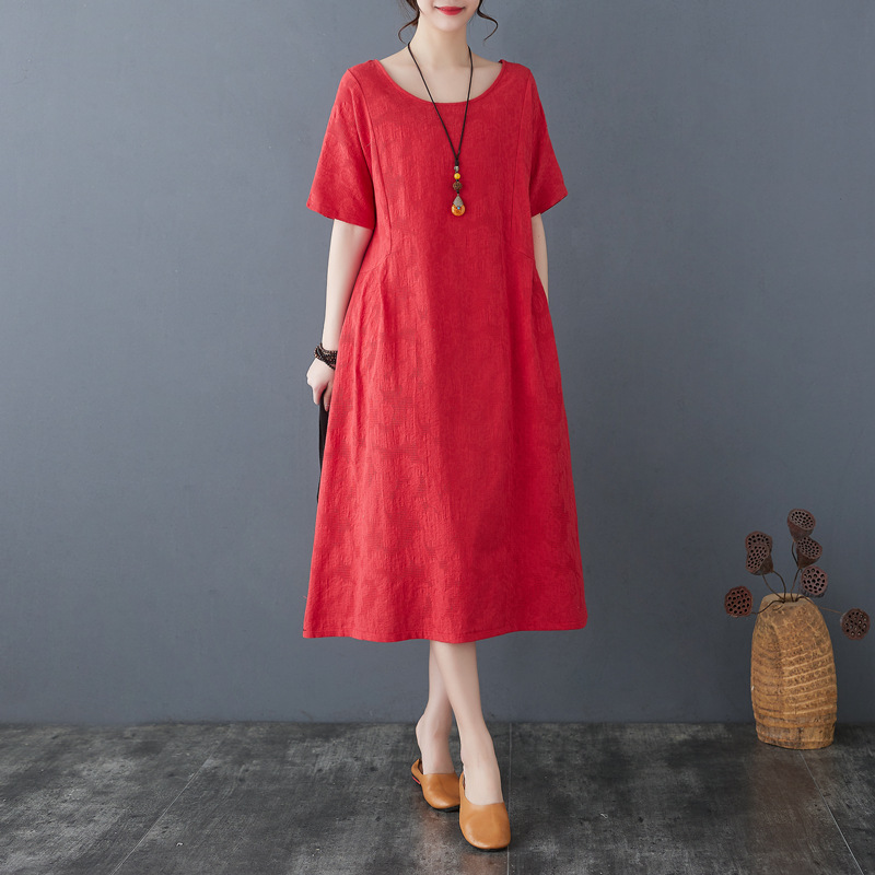 Foreign Trade Export Surplus, Big Brand Cut-Label Women's Authentic 2026 Summer New Slim-Fit Cotton-Linen Jacquard Dress, Plus Size