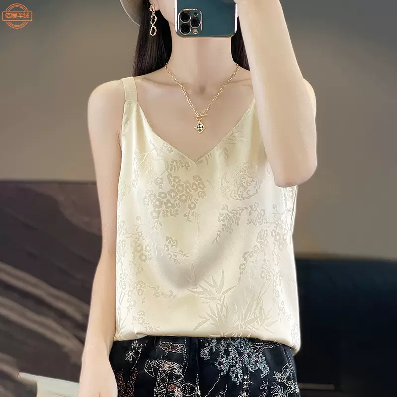 新中式国风仿真丝吊带背心女新款醋酸缎面外穿小西服内搭提花上衣