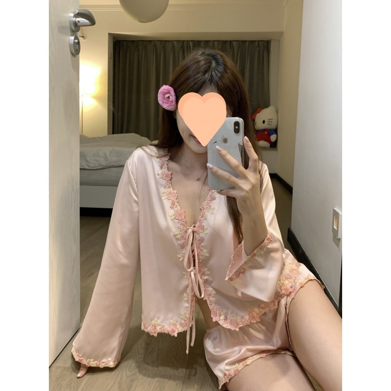 法式刺绣花边冰丝睡衣夏天女2025新款蝴蝶系长袖短裤纯欲风家居服|undefined