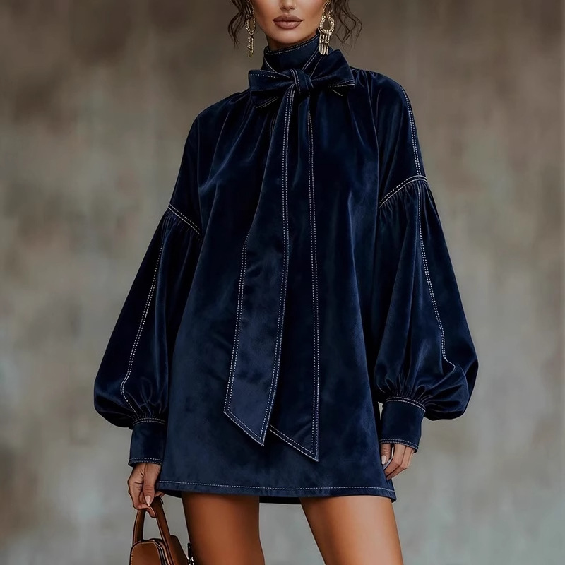 2025 European and American Clothing Amazon Independent Station Autumn and Winter Clothing Velvet Long-Sleeved Bow Short Dress