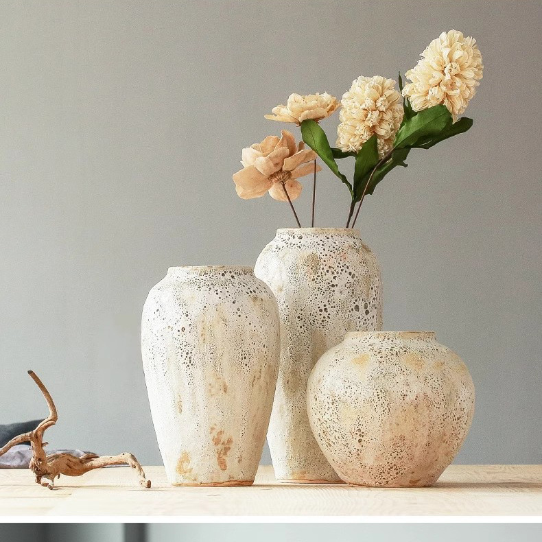 Modern Minimalist Living Room Ceramic Dried Flower Ceramic Flower Vase Nordic Ins Ornaments Vintage Coarse Pottery Pot