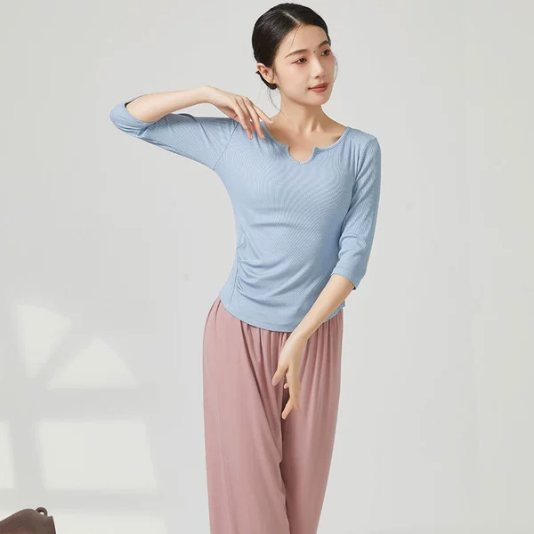 309 gray blue mid-sleeve single top
