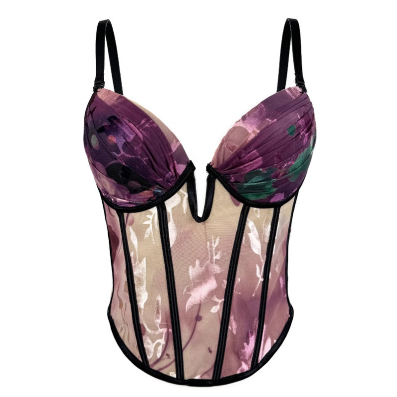 Cross-border New Sexy Sling Inner Stacking Design High-grade Printed Outer Wear Body Shaping Fishbone Bra with Chest Pad