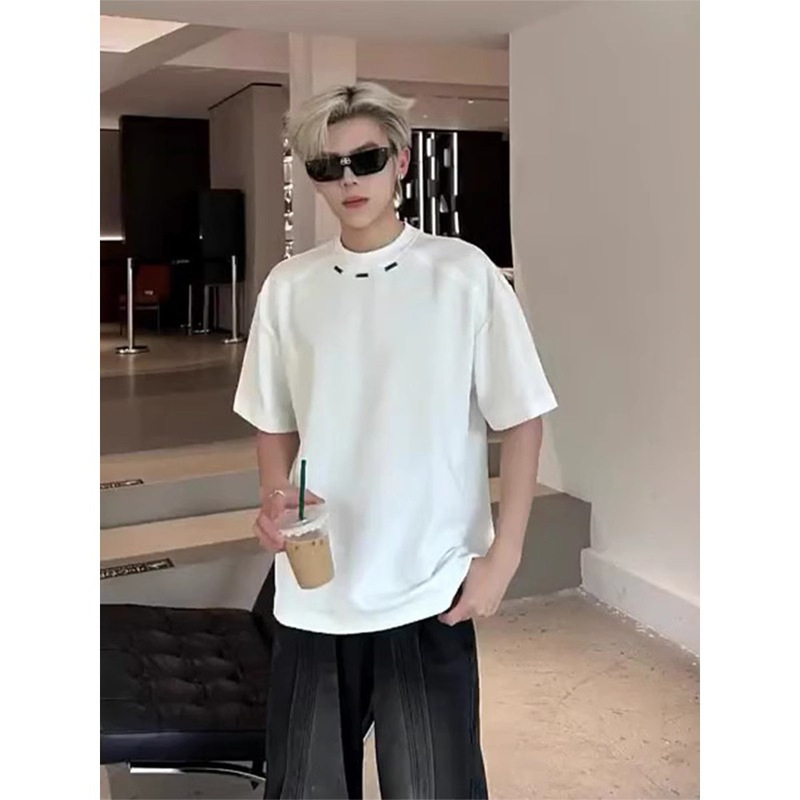 cleanfit Heavy Cotton Short Sleeve Men's Summer Metal Decorative Design Sense Small Nearline T-Shirt High Weight Half Sleeve