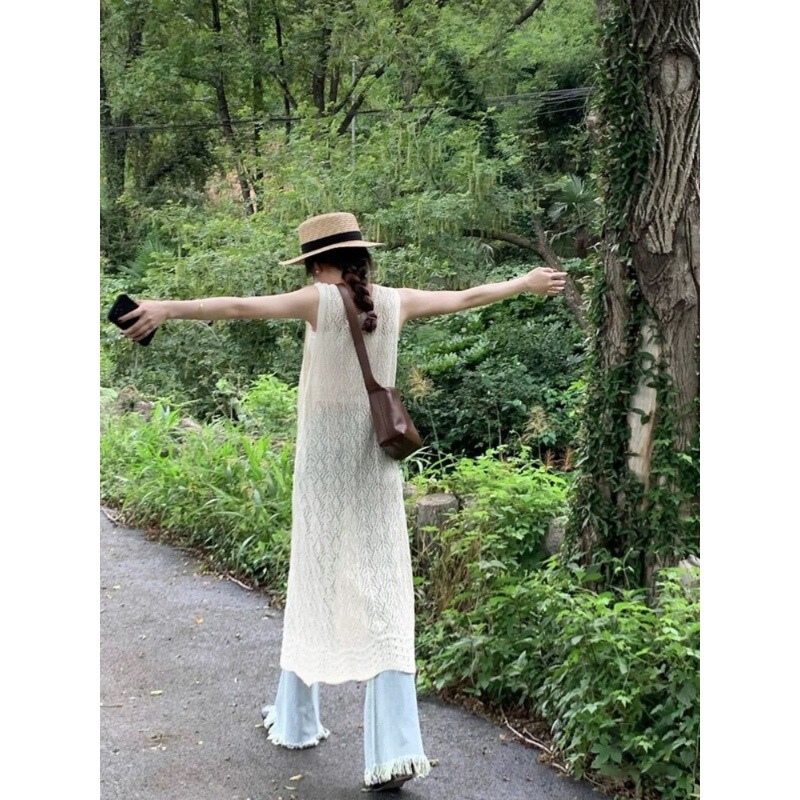 Design Sense Niche Overlapping Blouse Knitted Vall Skirt Summer Women's Back Split Long Skirt Round Neck Thin Dress