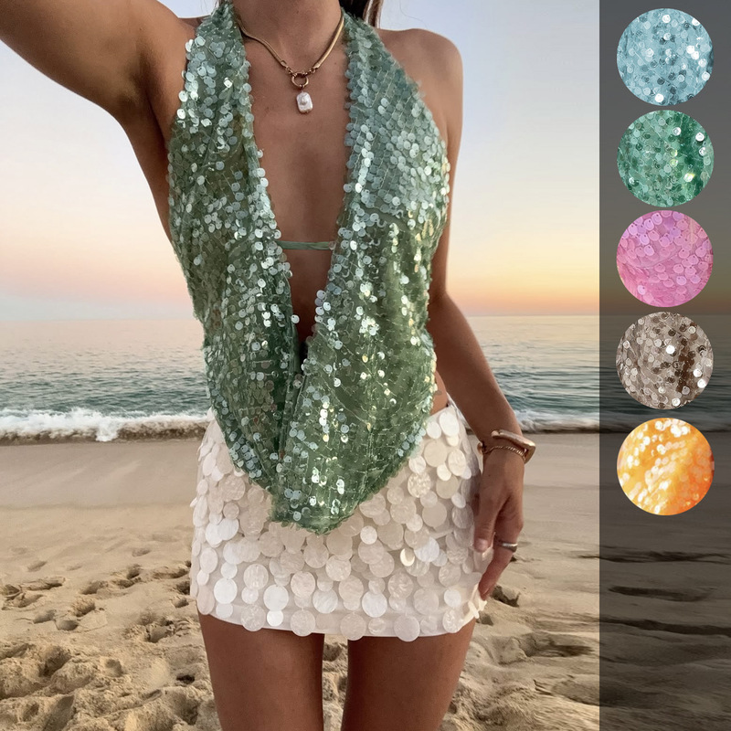 2025 Amazon Aliexpress Independent Station Cross-Border Popular Women's Clothing Transparent Sequin Sexy Backless Deep V Vest for Women