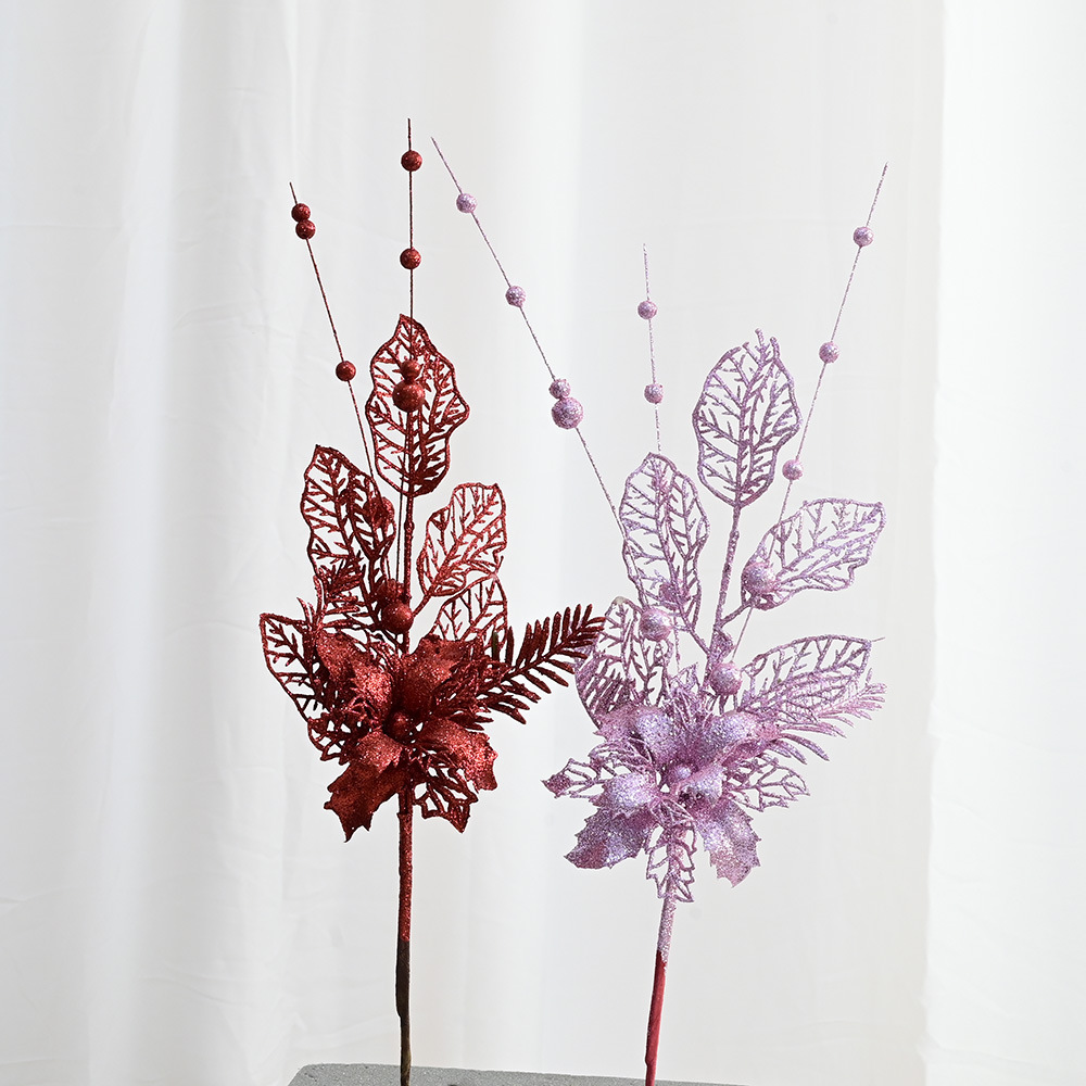 Flores doradas decorativas navideñas – lirios y ramas simuladas para árbol de Navidad y ambiente festivo