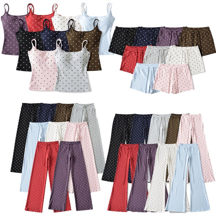 Polka Dot Camisole with Chest Pads Casual Pants Set for Women, Summer Spicy Style, Backless Top, High-Waisted Drapey Slightly Spicy Long Pants and Shorts