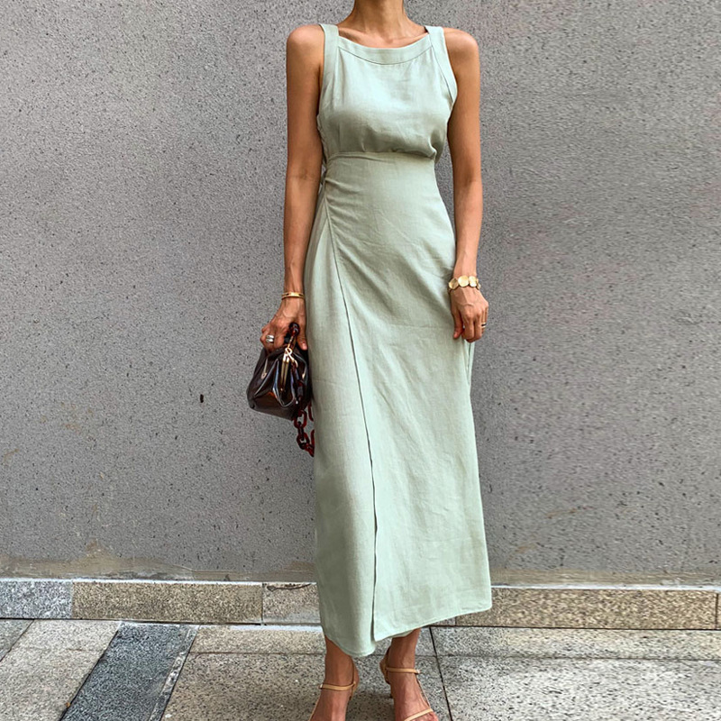 French-Style Retro Minimalist One-Piece Dress 2026 Summer Tie-Waist Long Slit Sleeveless Slip Dress