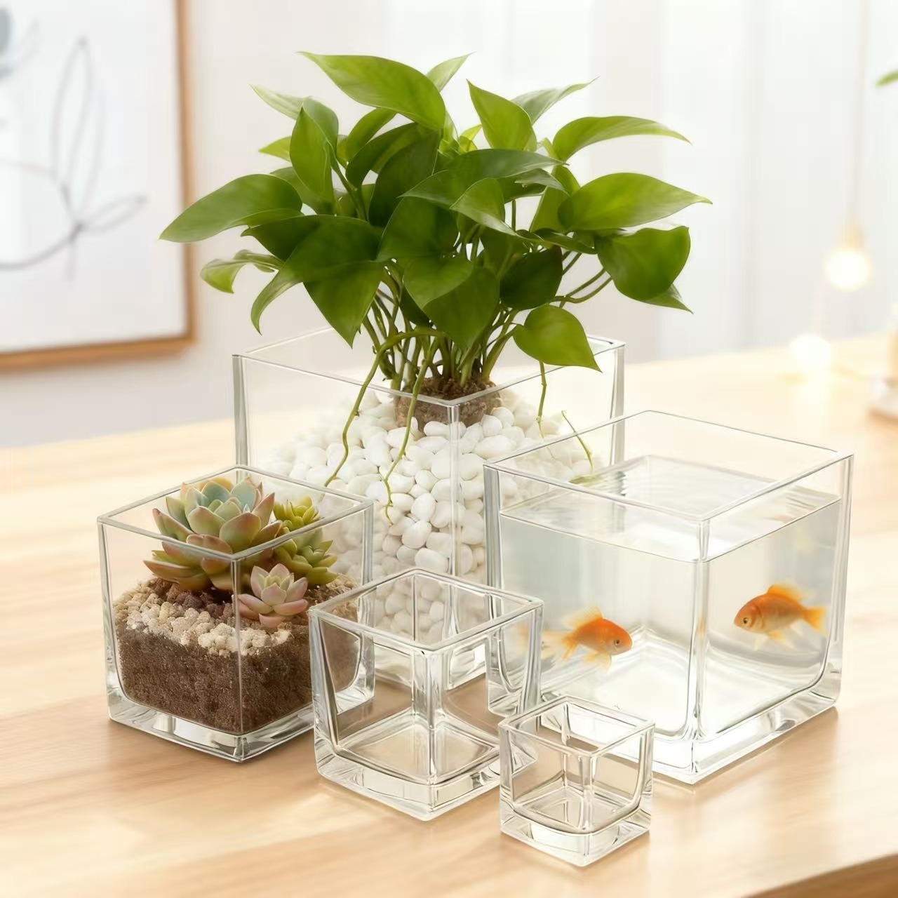 方形玻璃小鱼缸迷你金鱼缸 烛台蜡烛杯 多肉水培绿植花瓶桌面摆件