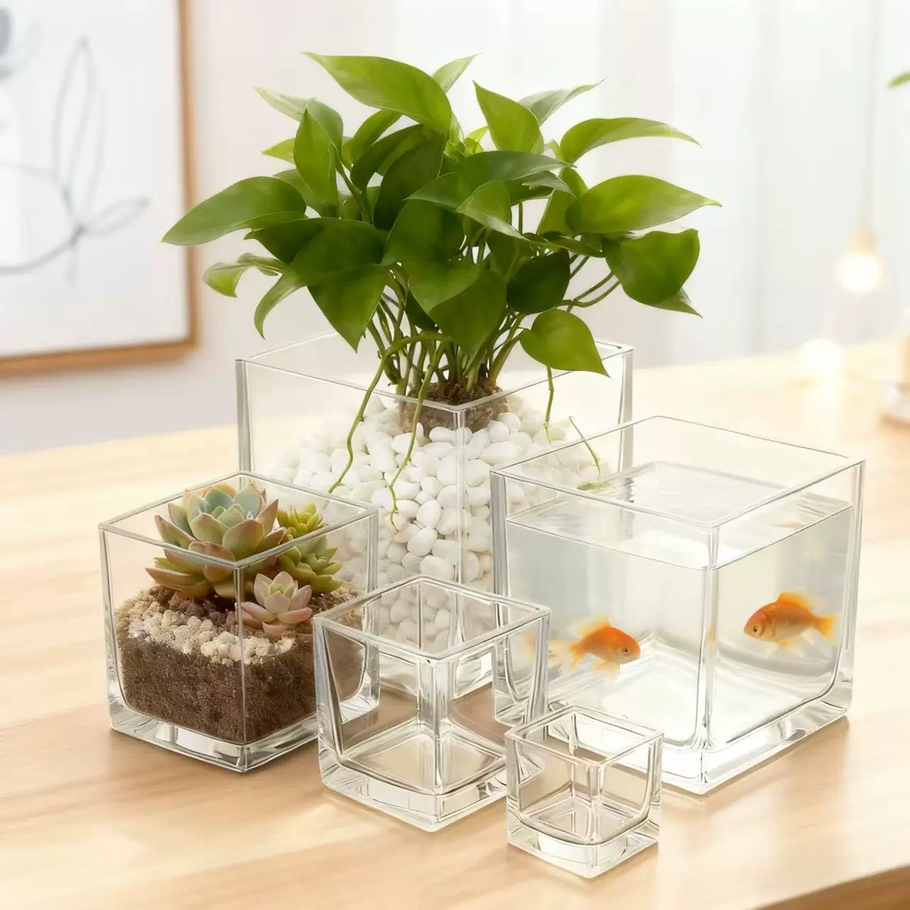 方形玻璃小鱼缸迷你金鱼缸 烛台蜡烛杯 多肉水培绿植花瓶桌面摆件