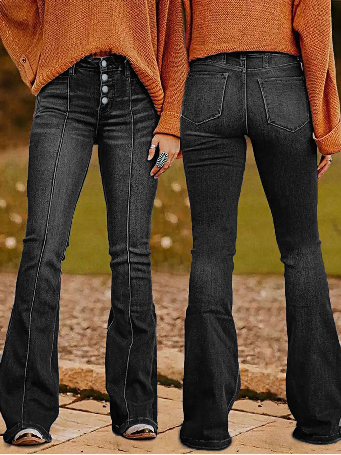 Jeans Acampanados para Mujer de Mezclilla de Algodón, Elástico, Cintura Media para Uso Diario
