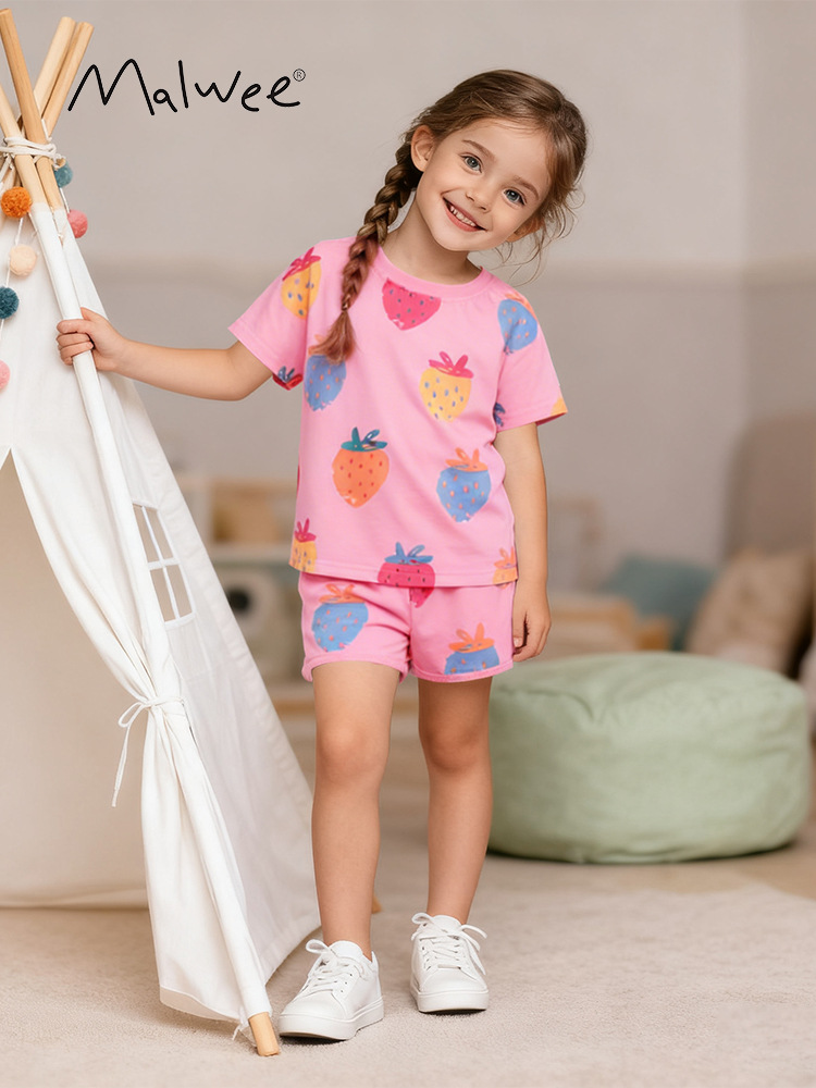 Trajes de niñas malwee transfronterizos de verano nuevos niños europeos y estadounidenses lindos niñas de cuello redondo manga corta dos piezas