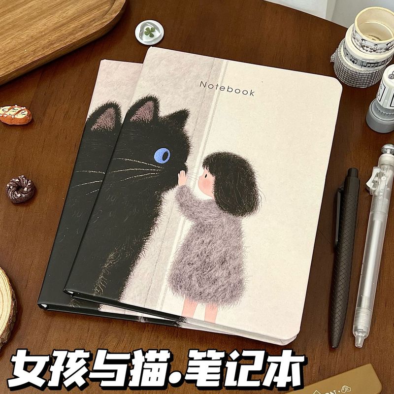 女孩与猫手绘风A5笔记本治愈小众女生记事本学生手账日记横线本子|undefined
