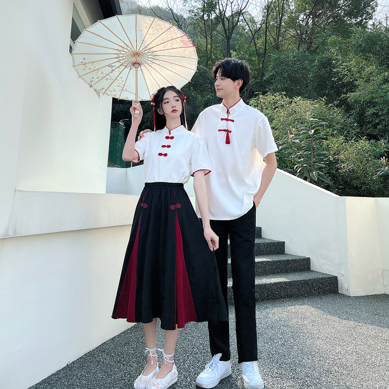 国风夏装新款情侣装民国复古改良盘扣班服表演舞台服校服立领衬衫
