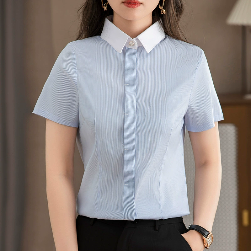 2024 лето новая сине-белая вертикальная шифоновая рубашка с короткими рукавами женская профессиональная рабочая одежда