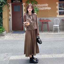 现货pu皮马甲长袖连衣裙早秋两件套0059996P165-K228