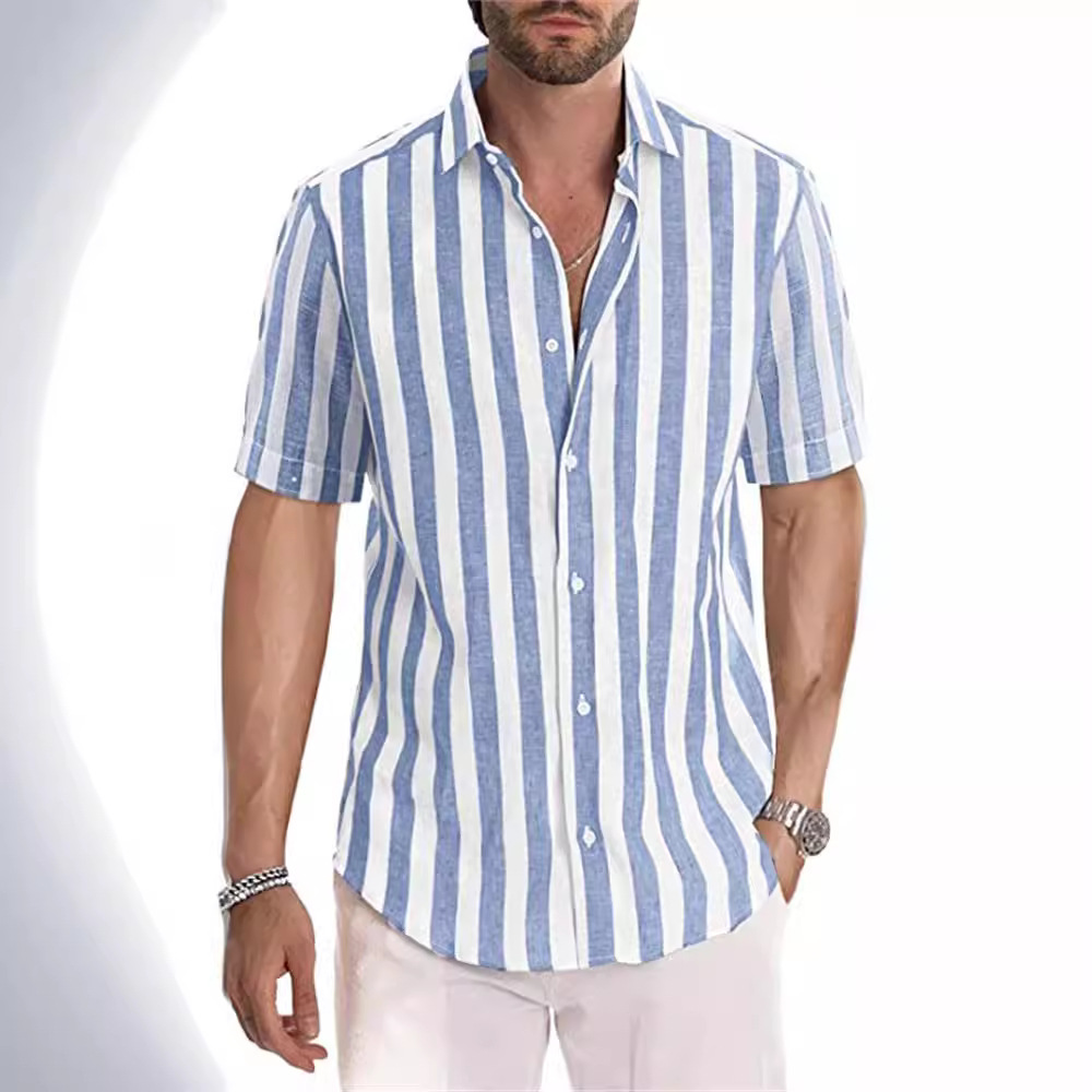 Amazon nuevos hombres de la moda de manga corta a rayas camisa de solapa de primavera y otoño camisa fuente de fábrica