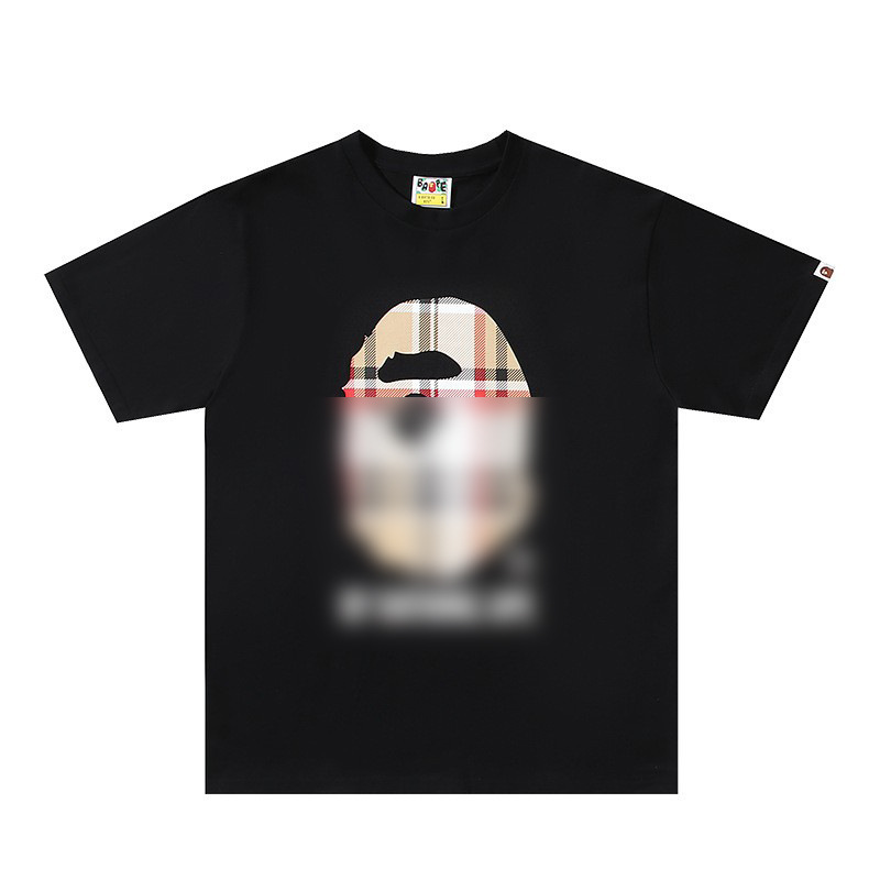 2026 Bape Ape Head Plaid Collaboration Short Sleeve T-Shirt for Men, Summer Trendy Brand Loose Fit Pure Cotton Half Sleeve Fashion Print