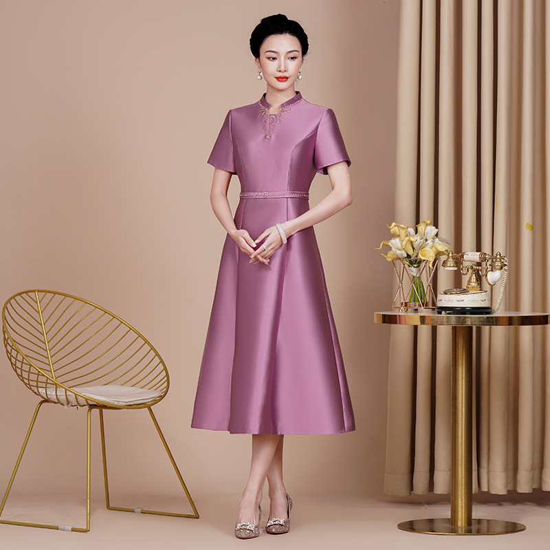 妈妈婚宴旗袍夏季新款紫色时尚气质结婚服喜婆婆改良礼服女连衣裙