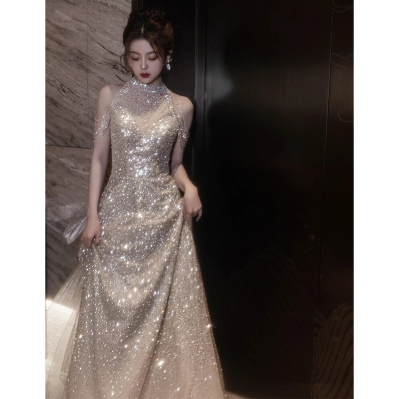 Evening Dress Halter Neck High-End New Champagne Color Host Birthday Coming-Of-Age Ceremony Performance Dress Elegant Socialite Women