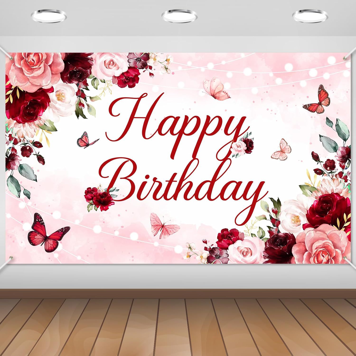 玫瑰花生日派对装饰用品 粉色女士生日用横幅背景布 派对拍照横幅