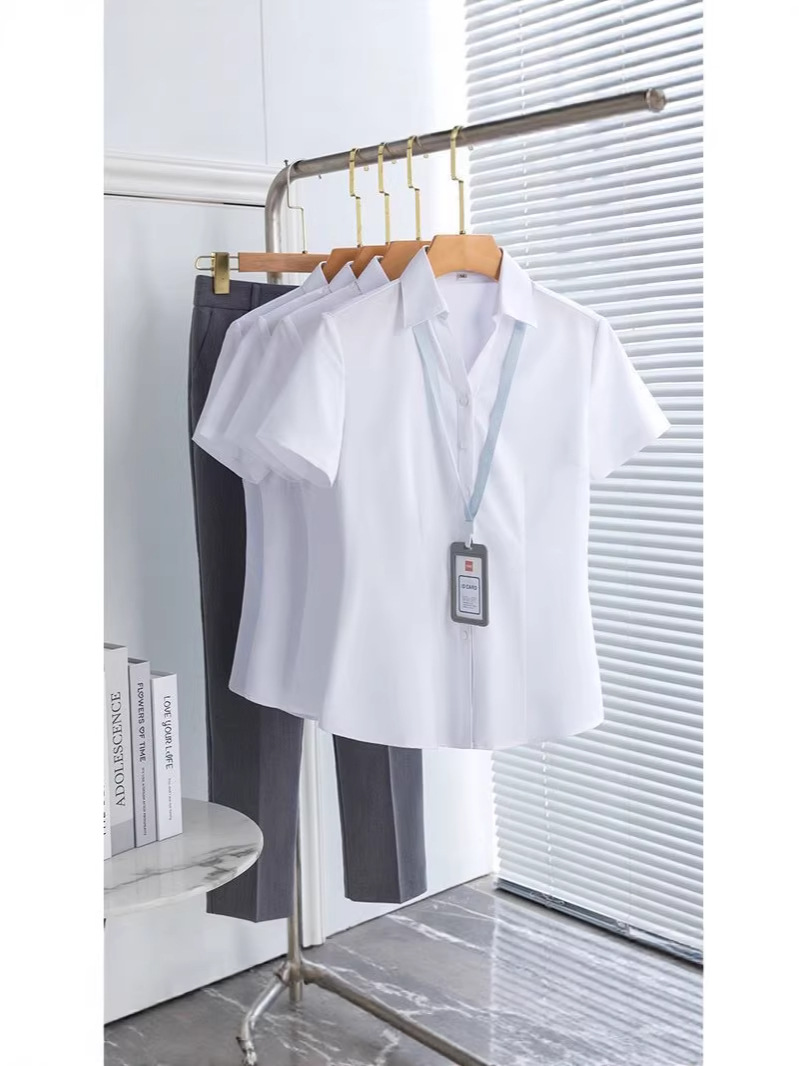 夏季新款V领白衬衫女士短袖工作服正装修身职业衬衣显瘦薄款长袖