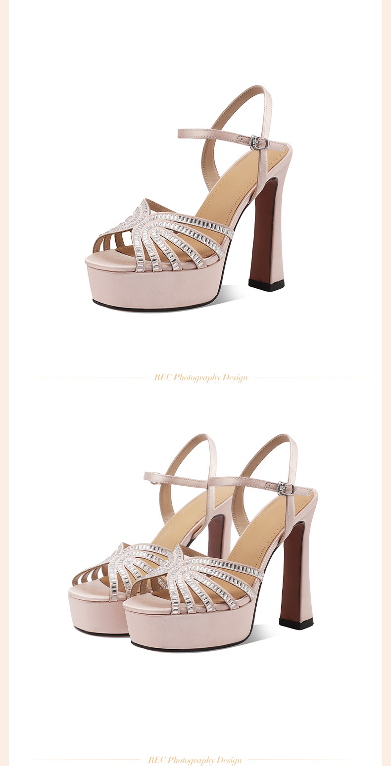 Sandal cao gót nữ hở mũi đính đá, gót vuông platform, da thật — Champagne màu chi tiết 15