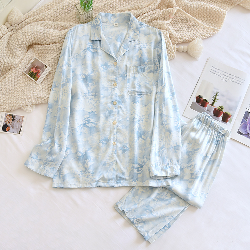 새틴 잉크 그림 여성 긴 세트-블루