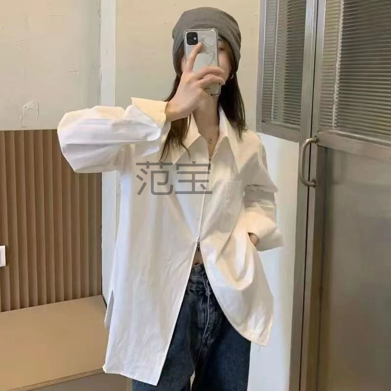 FB 소금 지퍼 화이트 셔츠 여성 학생 내부 착용 외부 착용 디자인 감각 작은 큰 포인트 칼라 셔츠 내부 착용 탑