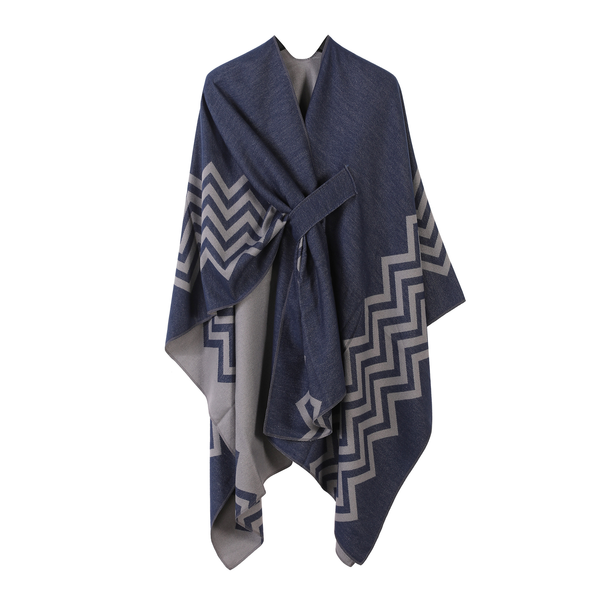 Chal de capa de doble cara lisa europea y americana con marco de puerta a rayas para mujer