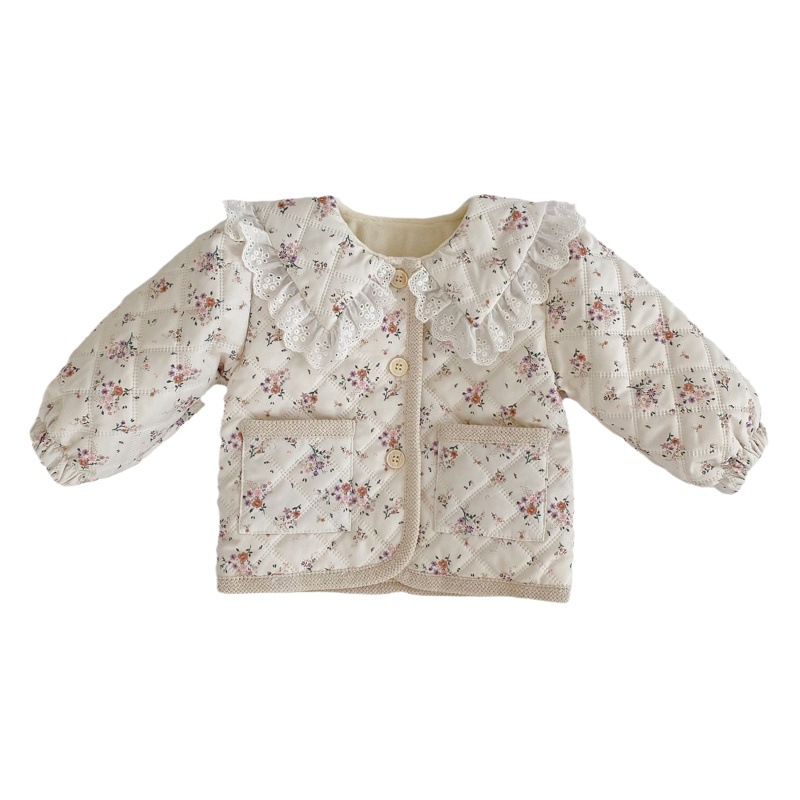 INS invierno niñas bebé lana forrado floral abrigo estilo occidental solapa algodón acolchado abrigo manga larga engrosada Chaqueta de algodón acolchado