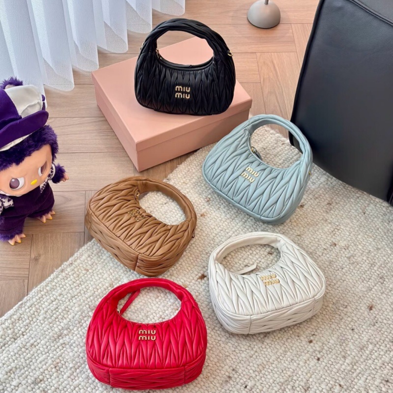 Miu Miu Pleated Lambskin Dumpling Bag Hobo Underarm Bag Handbag Crossbody Bag Women's Bag Urban Simple