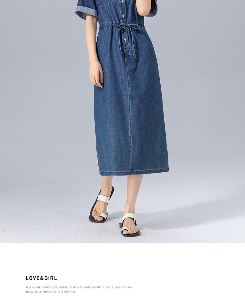 Váy liền dáng dài polo cotton thắt eo dây rút tay ngắn mùa hè — Màu xanh lam chi tiết 22
