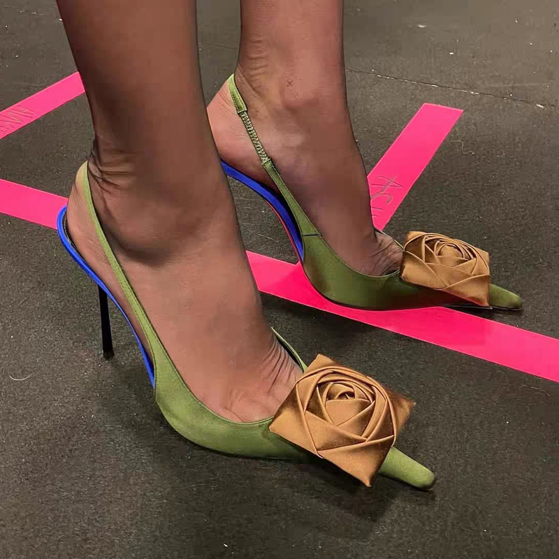 Milan Fashion Week Rose Flower Pointed Toe Stiletto Sandals with Hollow Back and Shallow Mouth High Heels Fashion Sandals 10.5cm