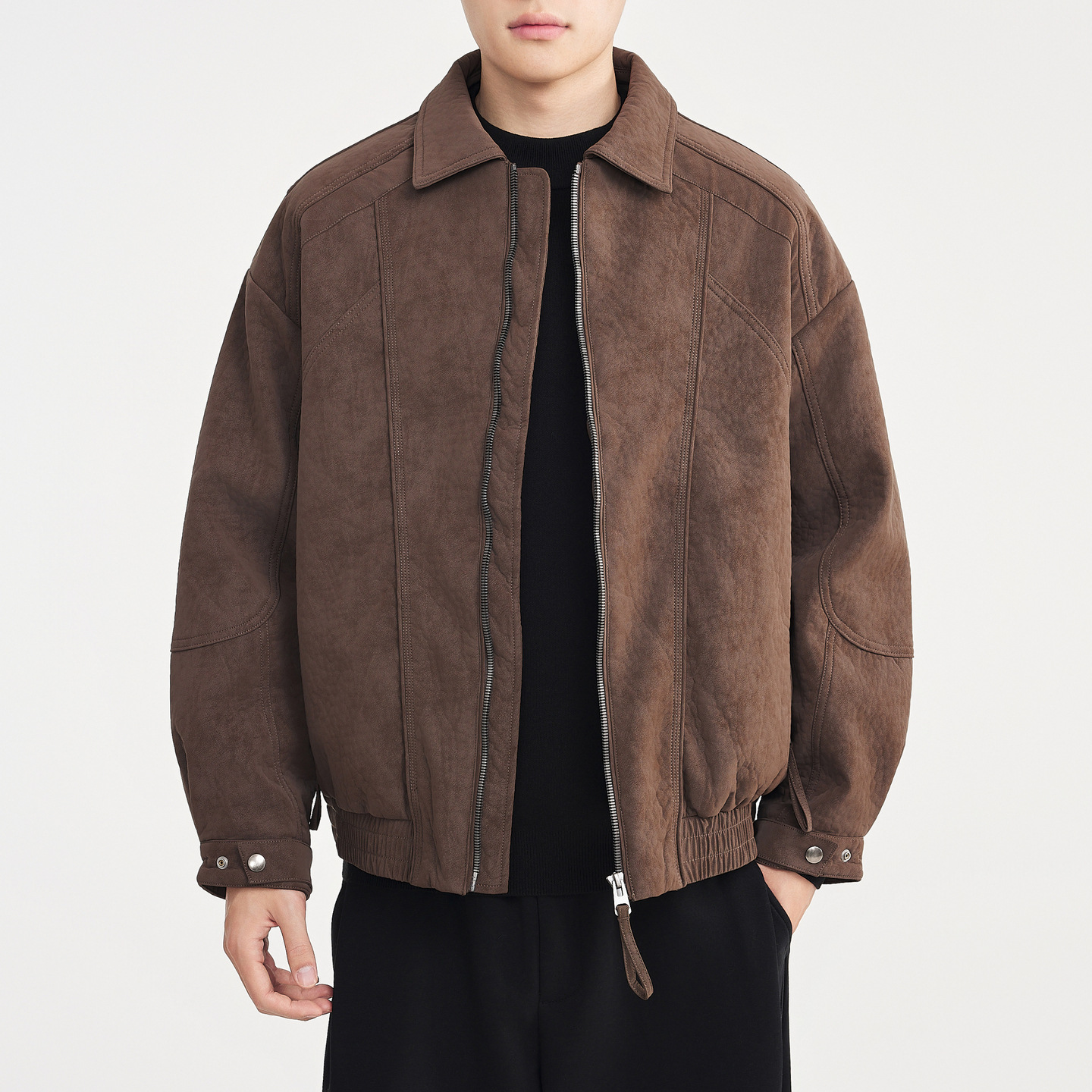 Áo khoác nam da PU mờ phối cotton cổ trụ kiểu Old Money — Màu nâu sẫm