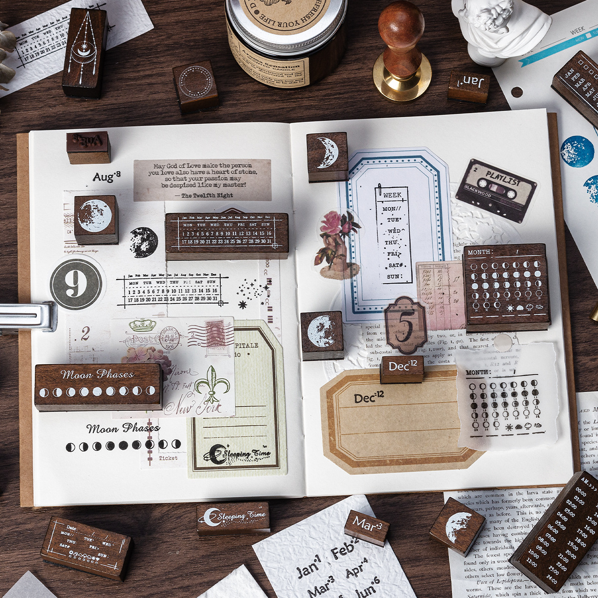 Luna Xinghui sello de caja de madera mes semana diy diario de mano material de decoración sello de madera