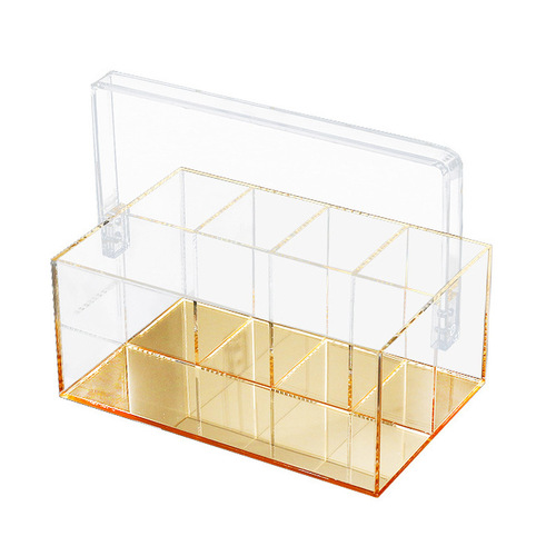 Custom Acrylic Handheld Storage Box Desk Cosmetics Divided Box Gold Mirror Acrylic Handheld Storage Box