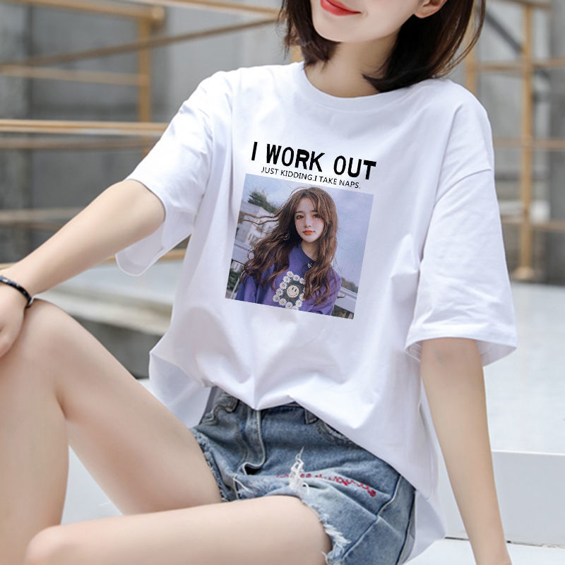 Fashionable summer brand cartoon white T-shirt for students with a…