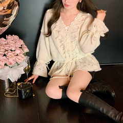 法式氛围感钩花镂空针织衫上衣女白色抽绳V领羊毛毛衣初秋