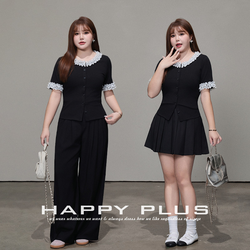 Runqi Large Size Polka Dot Lace Waist-Cinching Knitted Short-Sleeve Shirt 9496 French Academy Style Short-Sleeve Shirt Top