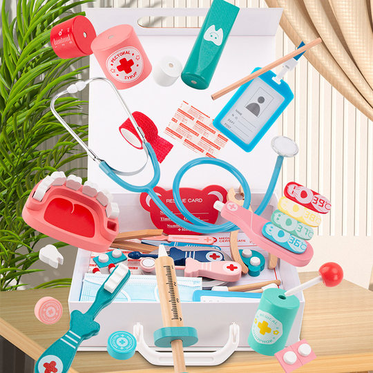 Children's Simulation Family General Practitioner Role Play Girl Auscultation Injection Medicine Box Wooden Set Toy