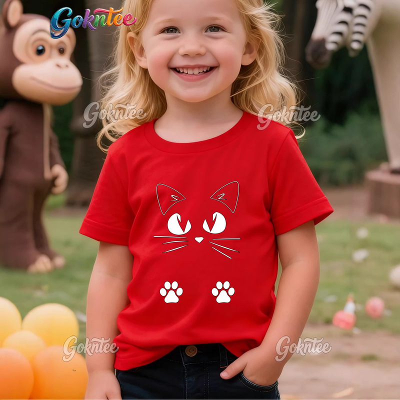 Cross-Border Children's Clothing Summer Cartoon Cat Short-Sleeved Pure Cotton T-Shirt Girls' Tops with Cute Cat Ears and Cat Paw Design Print