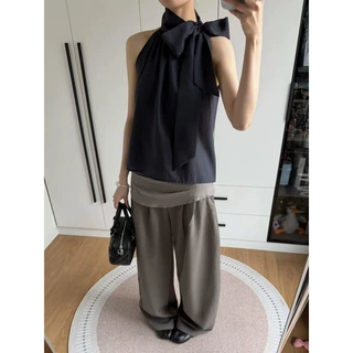 立领挂脖系带T恤复古藏青色收腰显瘦无袖上衣背心辣妹穿搭不撞款