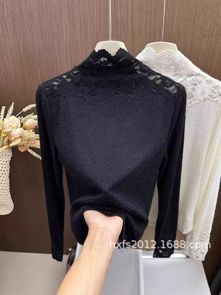 韓国系の高襟レースのフックの花の底のシャツの女性の秋冬の高級感は純色の中で名媛の風のネットの紗の上着のファッションを配合します。