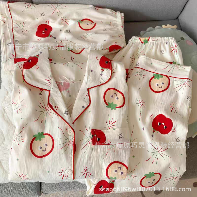 Hermosos pijamas de tela de rabu mujeres primavera y otoño verano nubes de algodón dulce mangas cortas pantalones cortos de tres piezas ropa para el hogar