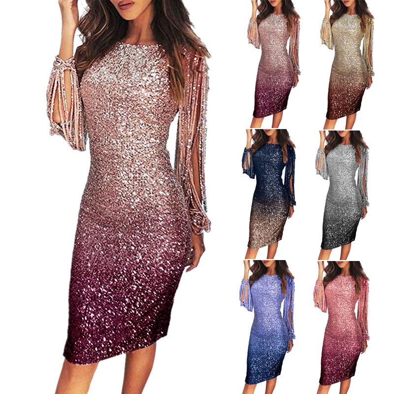 Damen Abendkleid Mit Pailletten Fransen Langarm Gradient Ballkleid_voghion.com