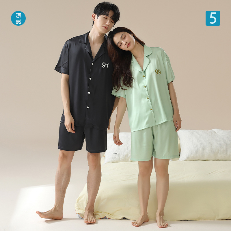 [Ice Silk] Summer Thin Ice Silk Pajamas for Couples, Cool Feeling Imitation Silk Homewear Set for Men and Women, Wholesale