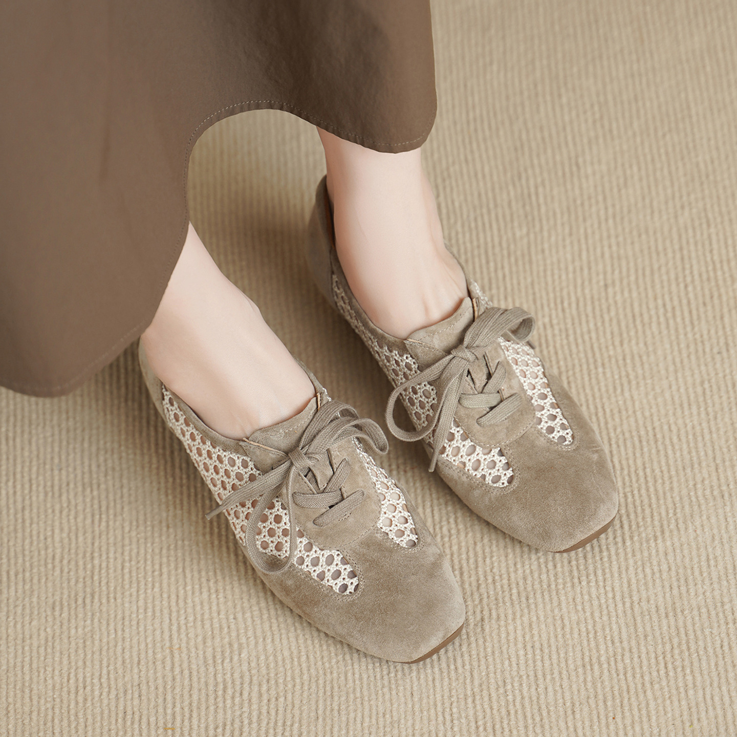 Giày sandal cao gót nữ hở mũi phối lưới, gót 4 cm, phong cách vintage — đen